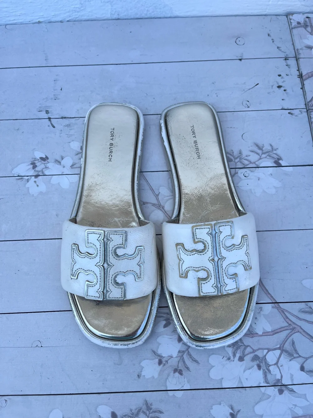 Tory Burch White and Gold Logo Slide Sandals